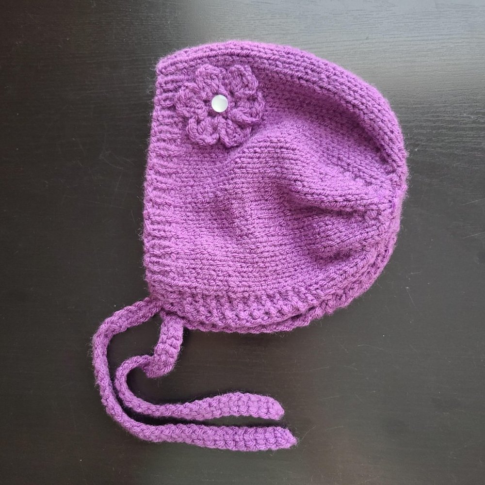 Baby Girl Hat BONNET knitted Acrylic Polyester Handmade Purple Size 2-4 Months